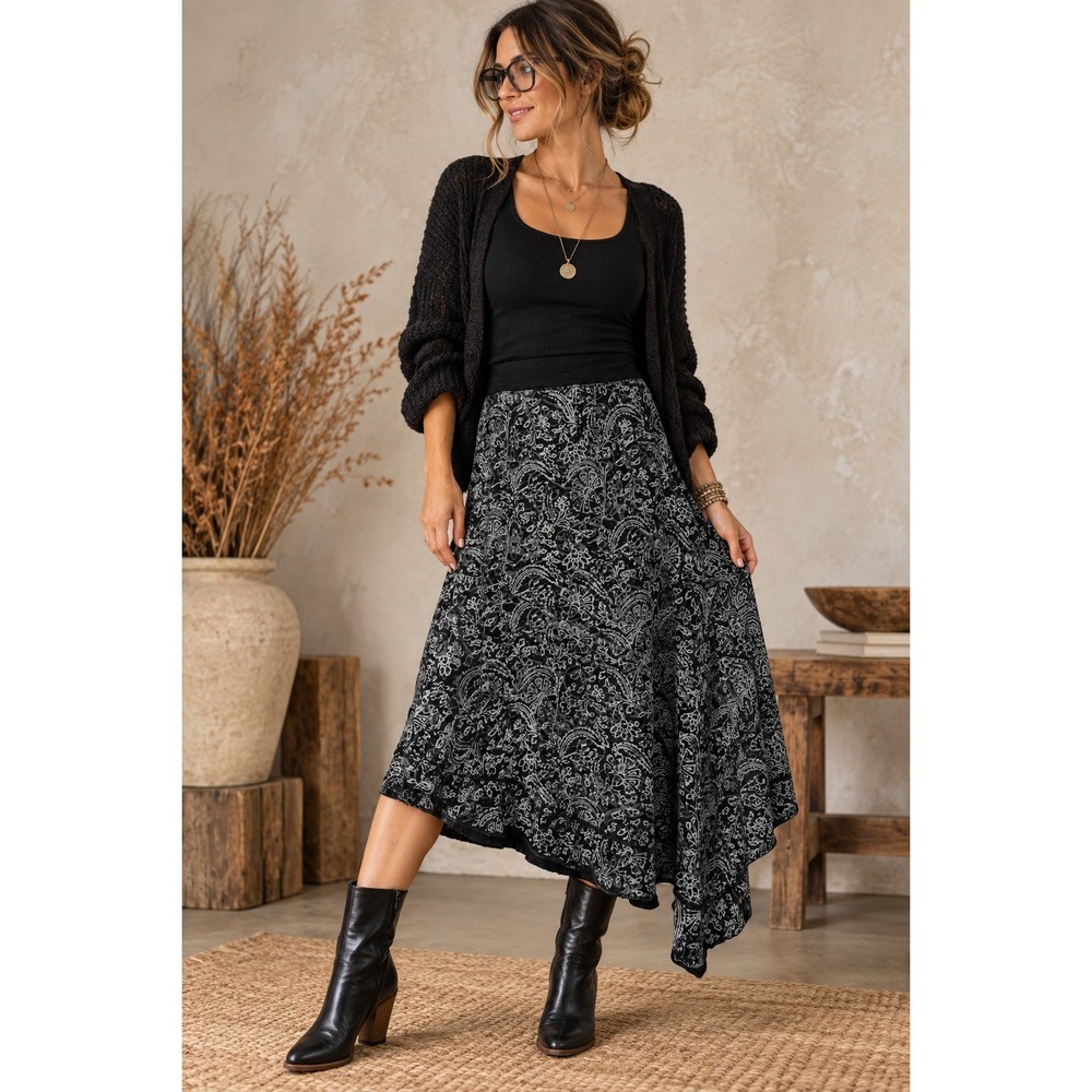 Fresh Produce Skirt Womens L Black Paisley Asymmetric Cotton Boho Midi Skirt